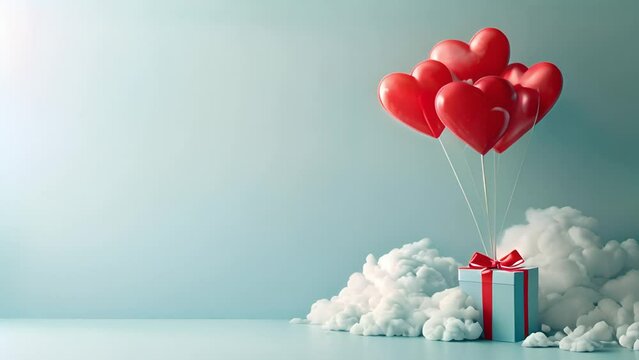 Valentine's day design. Realistic 3d pink gifts box in the clouds. Holiday banner, web poster, flyer, stylish brochure, greeting card, cover. Romantic background pastel background Copy space Happy Val