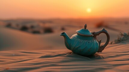 Tea pot over the sand of desert at sunset scenery with empty space. AI generated image - obrazy, fototapety, plakaty