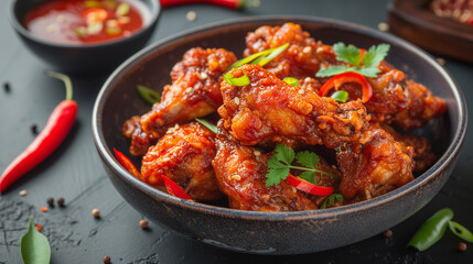 Hot wings close up with chillies 