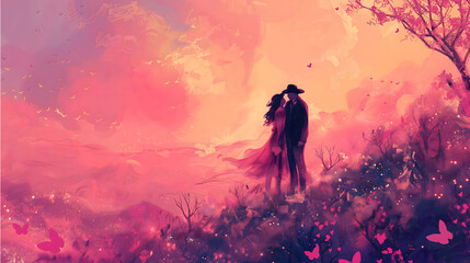 Romantic Valentines day poster. Cowboy couple in a Whimsical Fantasy Magic Pink Boho Landscape - obrazy, fototapety, plakaty