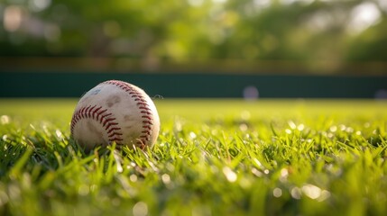 Close up baseball ball sport on grass with blur background. AI generated image