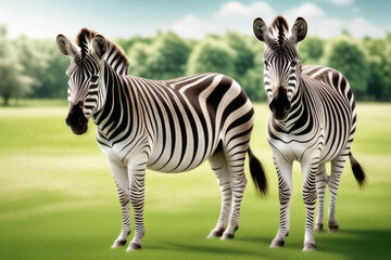 Obraz premium Zebras on a green lawn in summer