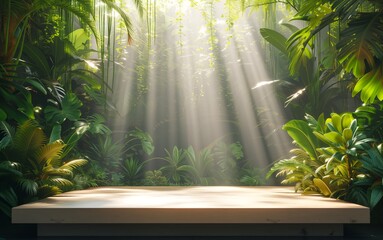 Podium display for product presentation with tropical jungle and incredible sunlight