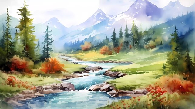 watercolor painting Landscape with mountains, forest, and river. generative ai