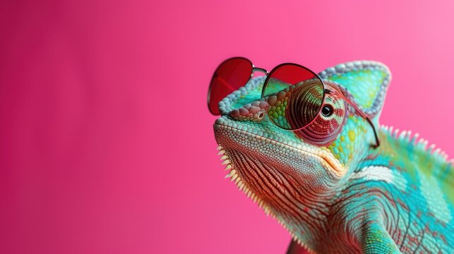 Chameleon wearing glasses on a solid color with copy space background. AI generated image