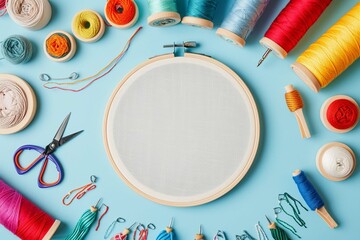 Embroidery set fot cross stitching. White fabric, embroidery hoop, colorful threads, scissors and needls. On blue background. Hobbies concept with copy space.