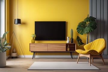 Interior of a yellow living room with a plant, TV stand, and chair