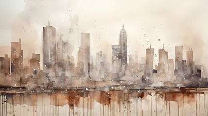 watercolor painting Cityscape with skyscrapers, on gray-brown textured paper. generative ai - obrazy, fototapety, plakaty