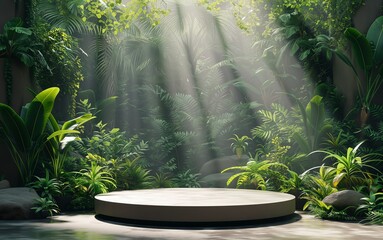 Podium display for product presentation with tropical jungle and incredible sunlight