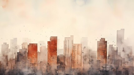 watercolor painting Cityscape with skyscrapers, on gray-brown textured paper. generative ai