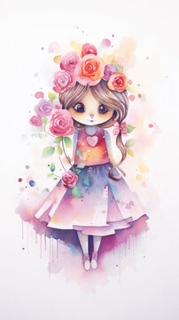 Watercolor valentine girl in a dress with hearts and flowers