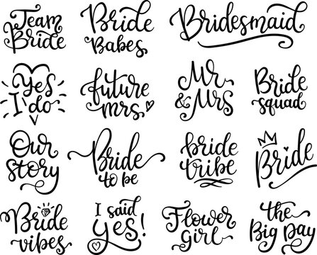 Wedding lettering set. Black hand lettered quotes for greeting cards, gift tags, labels. Typography collection. Isolated vector illustrations.