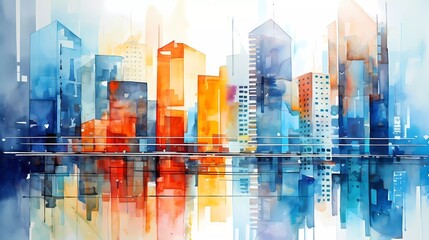 watercolor painting Abstract colorful office buildings in the city. generative ai