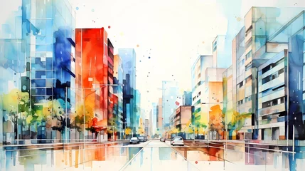 Rolgordijnen Aquarelschilderij wolkenkrabber watercolor painting Abstract colorful office buildings in the city. generative ai