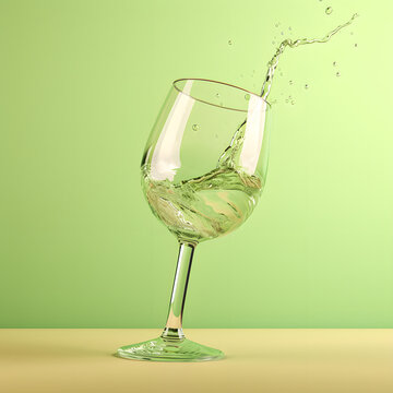 Tilted beveled glass with clear water spilling on light  green background.