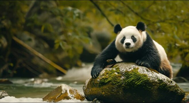 a panda on a rock in the river footage