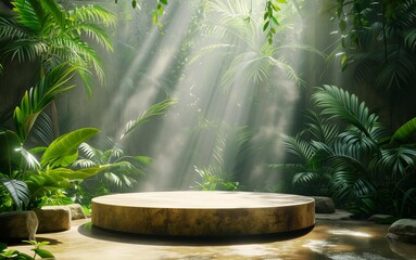 Podium display for product presentation with tropical jungle and incredible sunlight