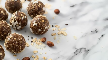 Fototapeta na wymiar Healthy energy balls with nuts and oat flakes, closeup
