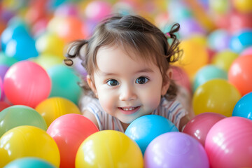Funny little kids playing in ball and enjoying time in children entertainment and play area, smiling little baby kid girl lying on multi colored plastic balls center