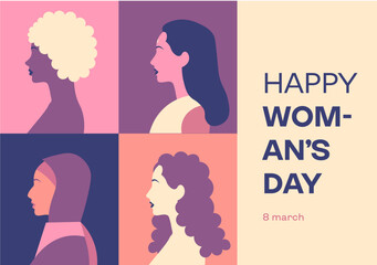 Postcard for international woman day. Vector illustration. March 8, women portraits pink, purple, yellow, orange, blue