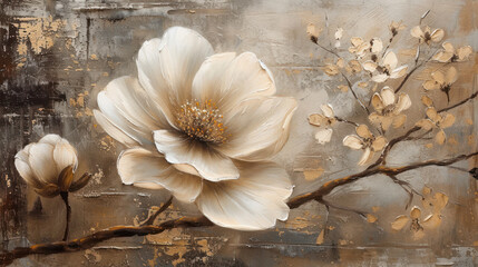 Elegant flower branch with white flowers and golden leaves on abstract background as wallpaper illustration