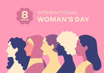 Postcard for international woman day. Vector illustration. March 8, women portraits pink, purple, yellow, orange, blue