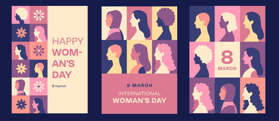 Set of 3 postcards for international woman day. Vector illustration. March 8, women portraits pink, purple, yellow, orange, blue