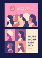 Set of 2 postcards for international woman day. Vector illustration. March 8, women portraits pink, purple, yellow, orange, blue