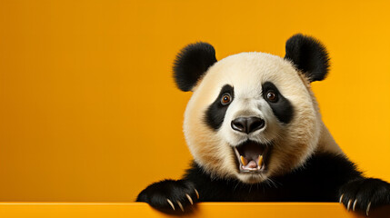 Shocked surprised panda with big eyes on isolated bright orange background, funny animal...