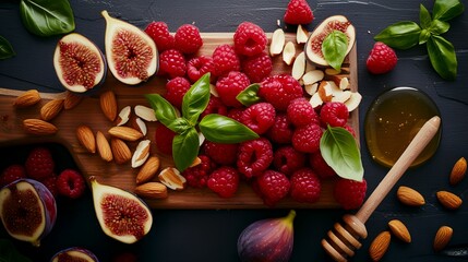 Raspberries, figs, almonds and honey on black background