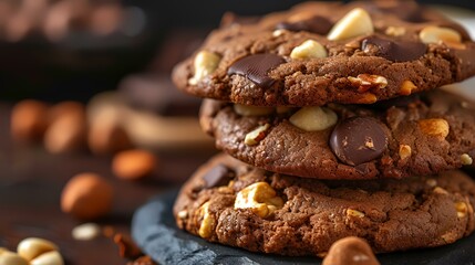 Delicious chocolate cookies with nuts on the table, closeup. Delicious snack - obrazy, fototapety, plakaty