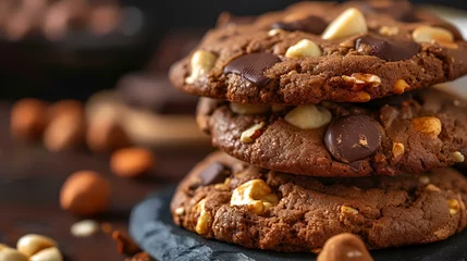 Foto op Plexiglas Delicious chocolate cookies with nuts on the table, closeup. Delicious snack © shameem