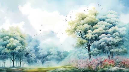 original landscape watercolor painting of blue green trees and red peacock flowers on cloud background. generative ai
