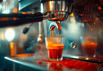 Coffee maker pouring espresso into a cup