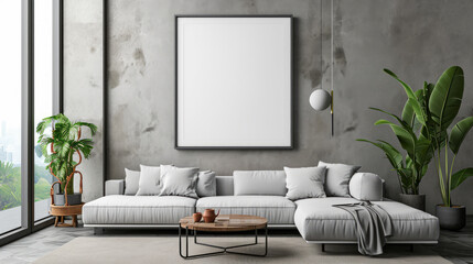 Frame mockup. Living room wall poster mockup. Interior mockup with house background. Modern interior design, Generative Ai.