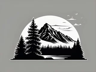 Wall murals Mountains Black silhouette of mountains and fir trees camping adventure wildlife landscape panorama illustration icon vector for logo, isolated on white background (generative AI)