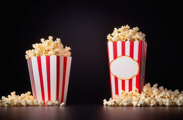 Two red and white striped cardboard buckets with delicious popcorn, isolated on a black background. A box with a scattering of popcorn grains. Fast food, cinema, movie and entertainment concept