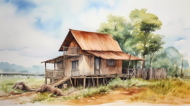 watercolor painting Wooden village house area. generative ai