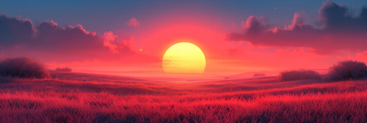 Setting sun, panorama, cartoon style