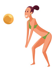 Woman playing summer beach volleyball set. Volley ball player in action during active sport game. Flat graphic illustrations isolated on white