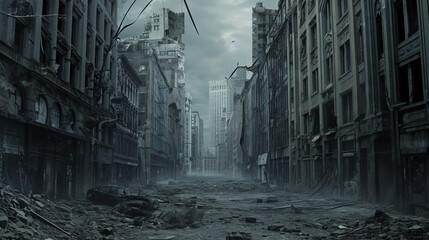 A city street lies abandoned and desolate in the aftermath of an apocalypse - obrazy, fototapety, plakaty