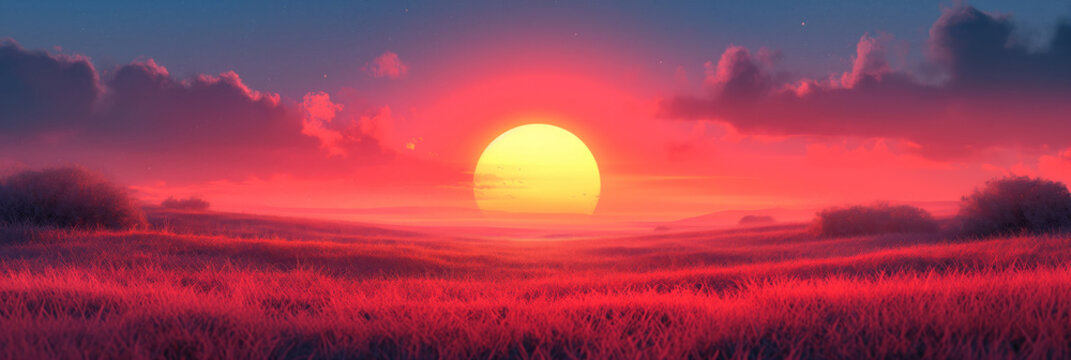Setting sun, panorama, cartoon style