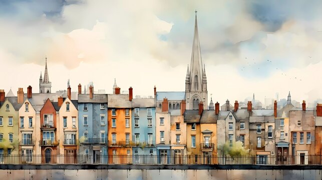 watercolor painting View of buildings with Limerick landmarks. generative ai
