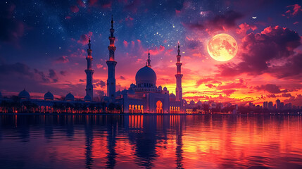 Crescent moon sunset with Suleymaniye Mosque (Ottoman imperial mosque). View from Üsküdar in Istanbul. Turkish Century 2023 - obrazy, fototapety, plakaty