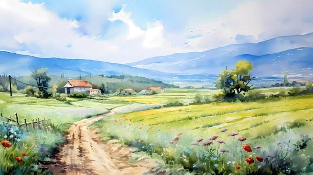 watercolor painting Summer landscape with small village. generative ai