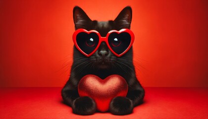 A charming black cat with heart-shaped glasses on a vivid red background for Valentine's Day.