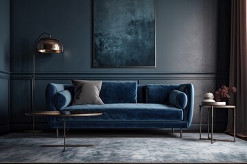 A contemporary living room luxury interior design mockup with a dark blue sofa, a decorative rug, a floor lamp, and elegant furniture, as well as a mockup of an empty gray wall in the room's interior