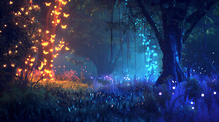 Glowing lights adorn the mystical forest in the darkness of night