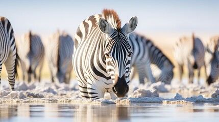Herd of zebra eating glass field in etosha national park, namibia - obrazy, fototapety, plakaty