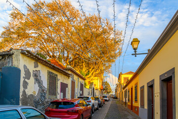 Residential section of Rua de Santa Maria narrow street of cafes, colorful doors and shops in the...